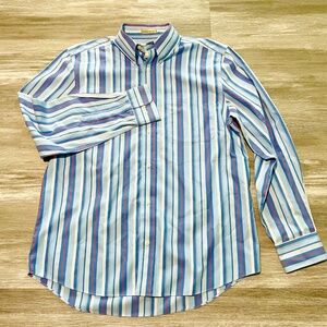 Eddie Bauer Blue and Red Striped Button Down Wrinkle Resistant Cotton Shirt M
